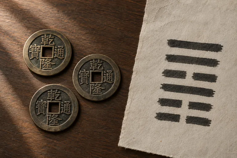 三枚乾隆通寶銅錢放在木桌上,旁邊的紙上畫著一個六爻卦